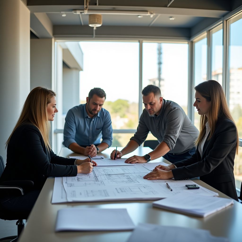 Equipe de arquitetos e engenheiros trabalhando em projetos